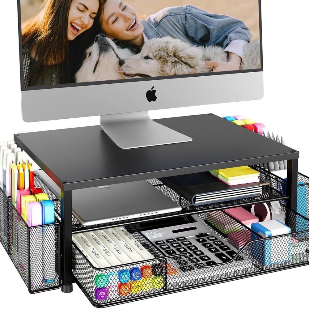 Desk Organizer and Accessories, 2-Tier Computer Monitor Stand with Drawer and 2 Pen Holders, Office Desk Accessories for Office Supplies, Black