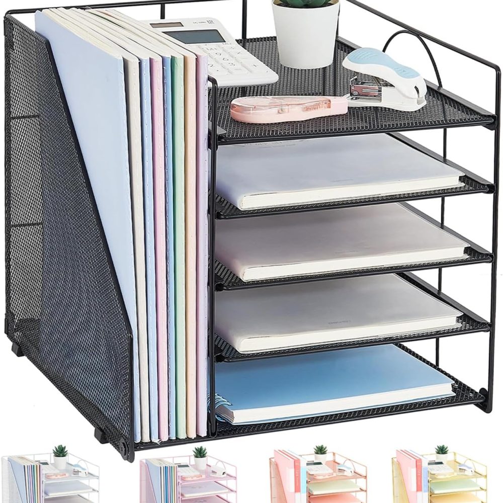 Desk Organizers and Accessories, 5-Tier Paper Letter Tray Organizer with File Holder, Desktop Organizer for Office Supplies (Black)