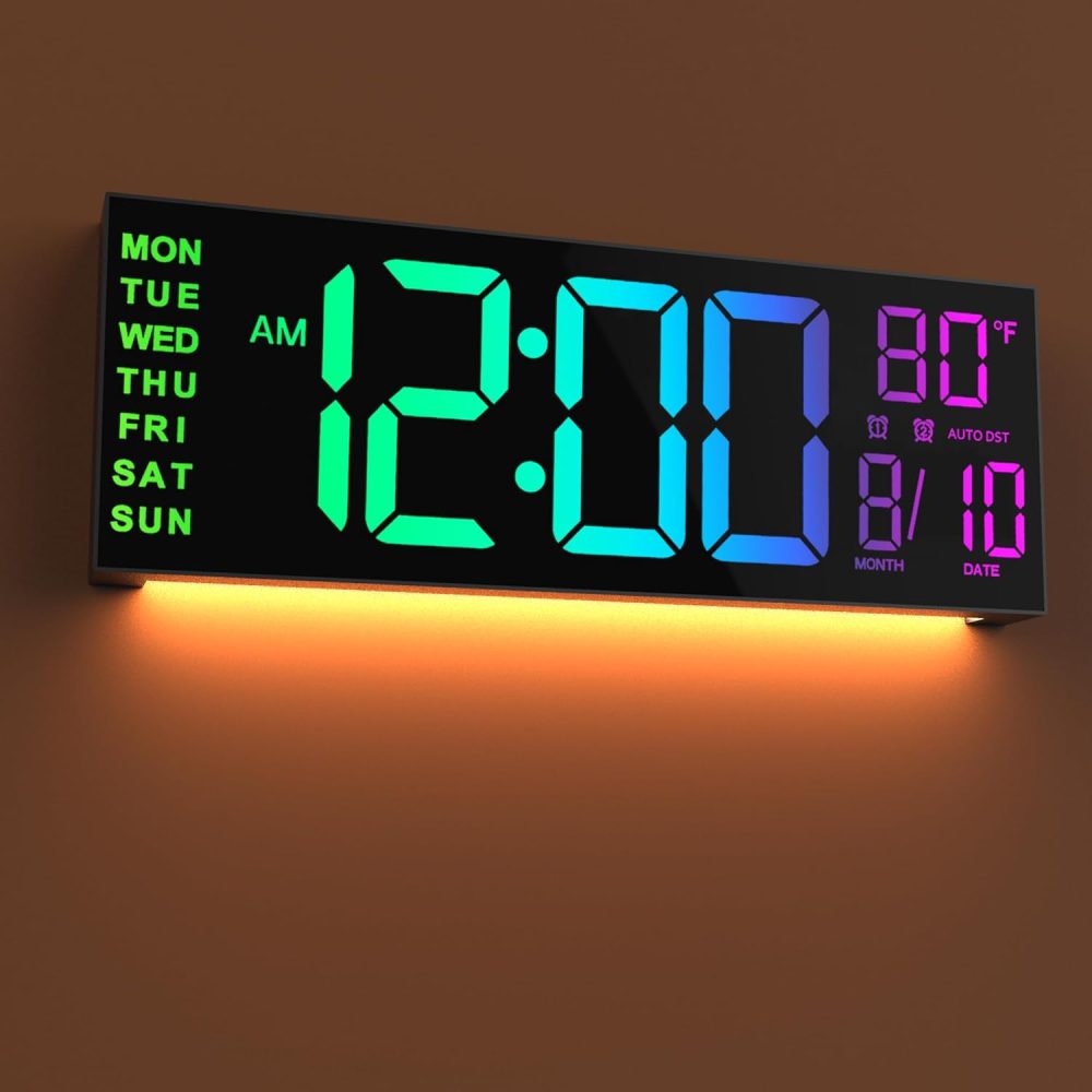 JALL 16" Large Digital Wall Mount Clock, Count Down Timer with Remote, Alarm, Big LED, 8 RGB Color, DST, Temperature for Living Room Classroom Desk, Xmas, Birthday Gift for Senior Men Women Mom Dad