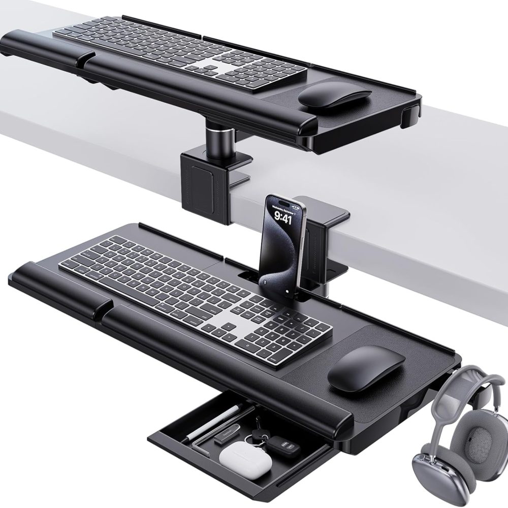 Klearlook Keyboard Tray Under Desk&Above Desk - Adjustable Ergonomic Sit Stand Keyboard Riser w/360° Rotation, 24.4"×10.08" Keyboard Stand Desk Extender w/Wrist Rest&Storage Drawer-Black