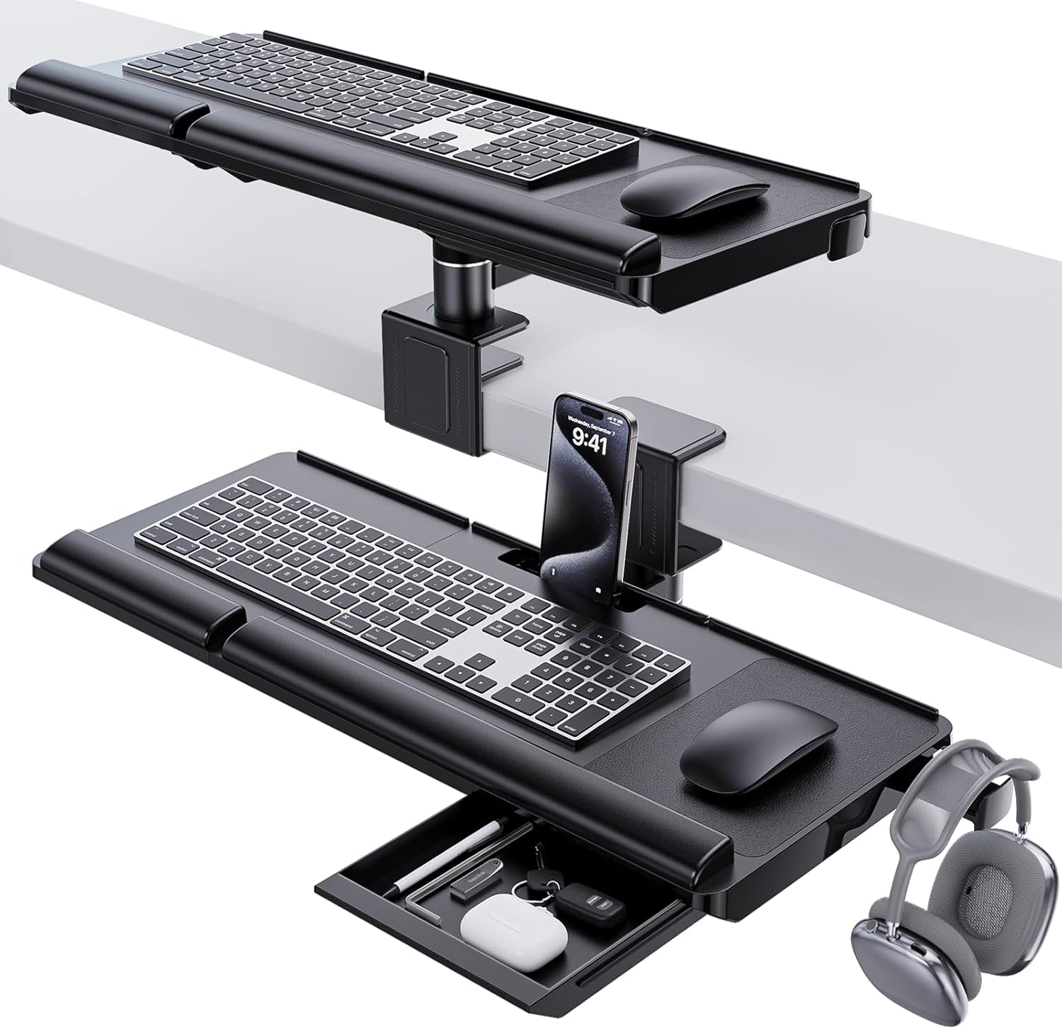Klearlook Keyboard Tray Under Desk&Above Desk - Adjustable Ergonomic Sit Stand Keyboard Riser w/360° Rotation, 24.4"×10.08" Keyboard Stand Desk Extender w/Wrist Rest&Storage Drawer-Black