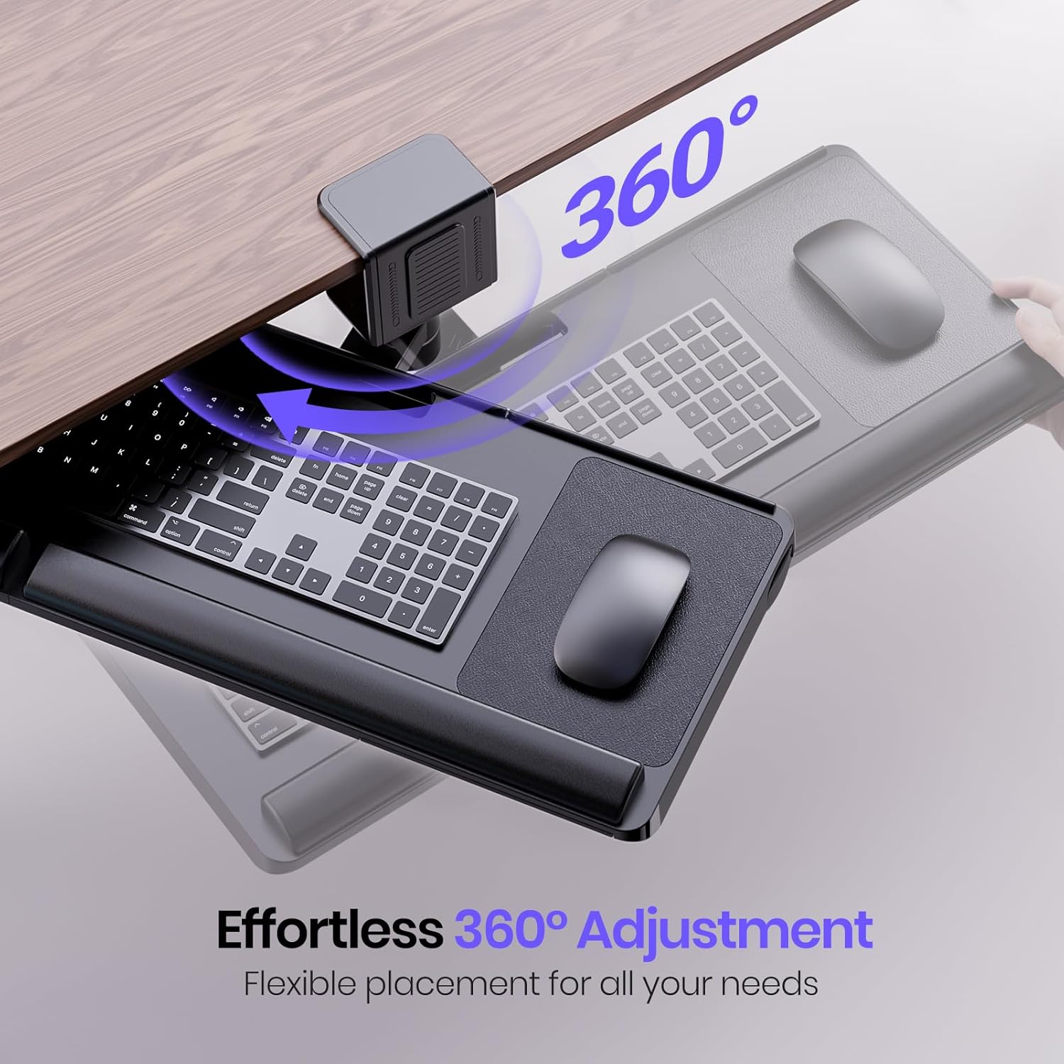 Klearlook Keyboard Tray Under Desk&Above Desk - Adjustable Ergonomic Sit Stand Keyboard Riser w/360° Rotation, 24.4"×10.08" Keyboard Stand Desk Extender w/Wrist Rest&Storage Drawer-Black - Image 4