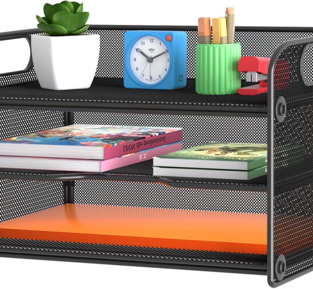 Samstar 3 Tier Letter Tray Paper Organizer with Handle, Mesh Desk Organizer Paper Sorter File Rack Shelves, Black