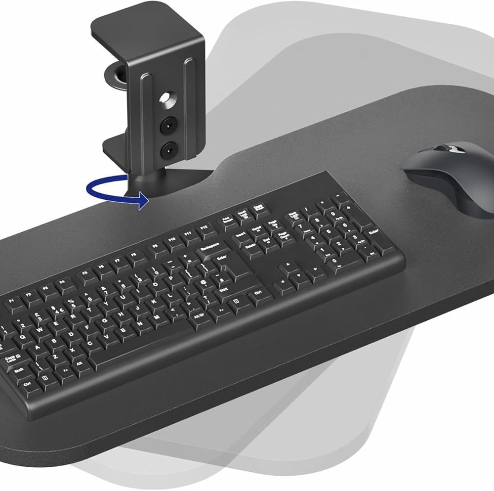 Clamp-on 23 x 10 inch Rotating Computer Keyboard and Mouse Tray, Extra Sturdy Desk Swivel Clamp, Ergonomic Typing, Black, MOUNT-KB04CB